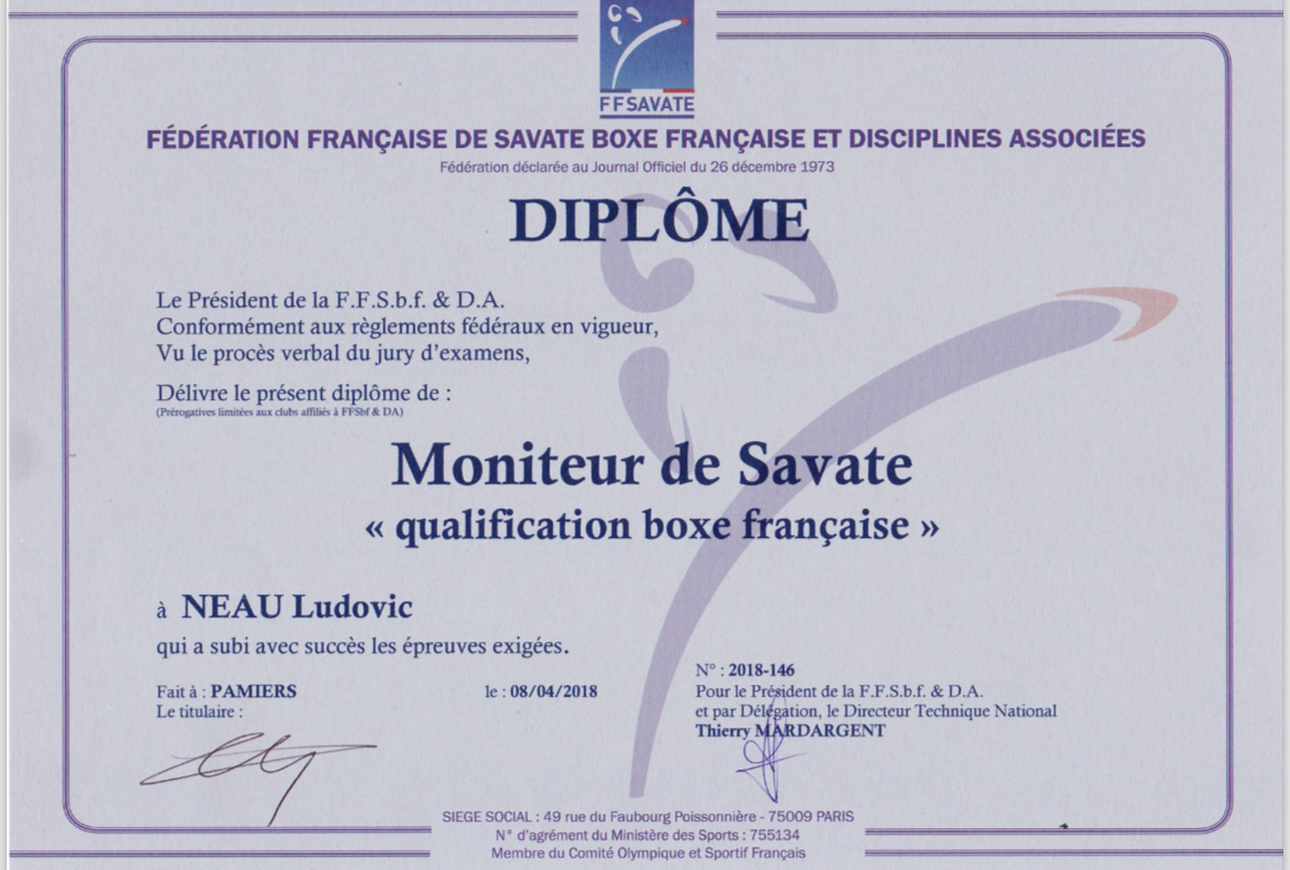 Diplôme Moniteur savate - Ludovic